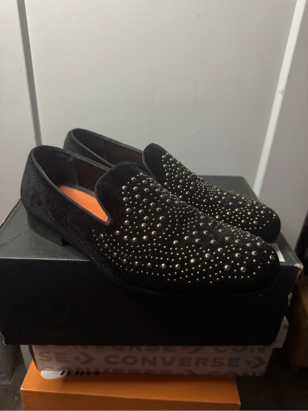 TALLIA Black Velvet Slip-On Loafers with Silver Studs